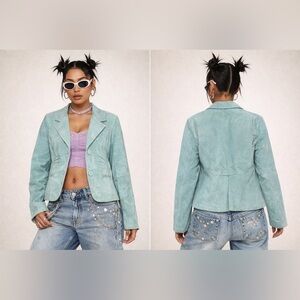 Vintage Y2K David Brooks Long Sleeve Button Front Turquoise Pig Suede Jacket XL